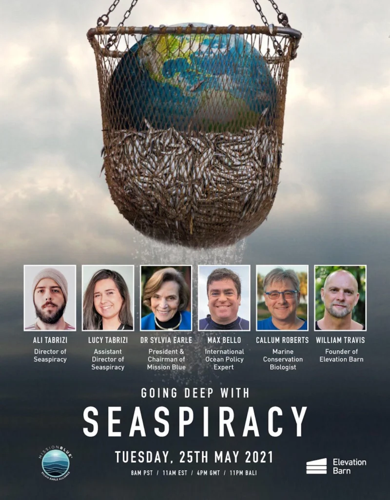 Plakat dokumentarca "Seaspiracy", ki razkriva škodljive prakse v globalnem industrijskem ribolovu in njihov uničujoč vpliv na oceane in morske ekosisteme.