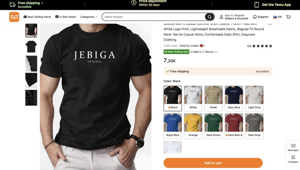 Zaslon mobilne aplikacije Temu z opozorilom o varnosti in zakonodaji EU