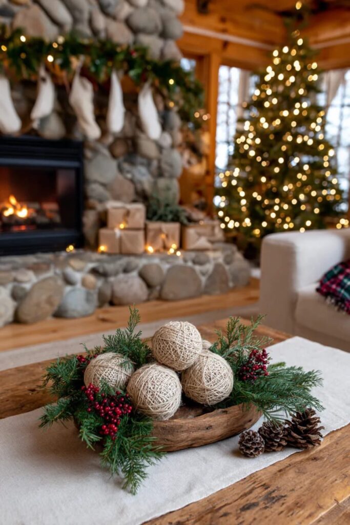 DIY prazničen božičen okras iz naravnih materialov klobke iz vrvi storži in šipek