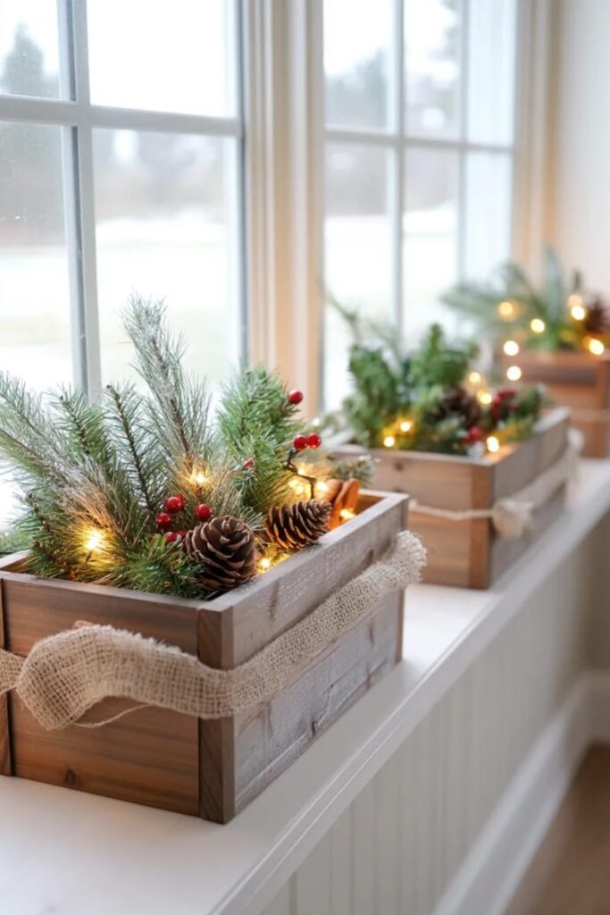 DIY prazničen božičen okras iz naravnih materialov lesena škatla napolnjena s smrečjem in lučkami