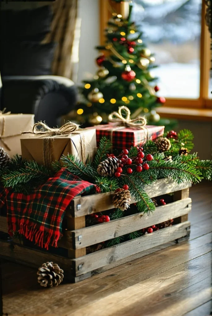 DIY prazničen božičen okras iz naravnih materialov lesene gajbice