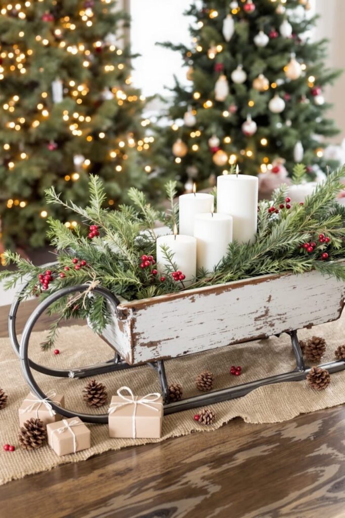 DIY prazničen božičen okras iz naravnih materialov lesene sanke