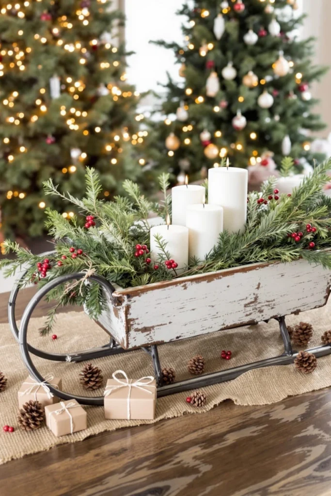 DIY prazničen božičen okras iz naravnih materialov lesene sanke 