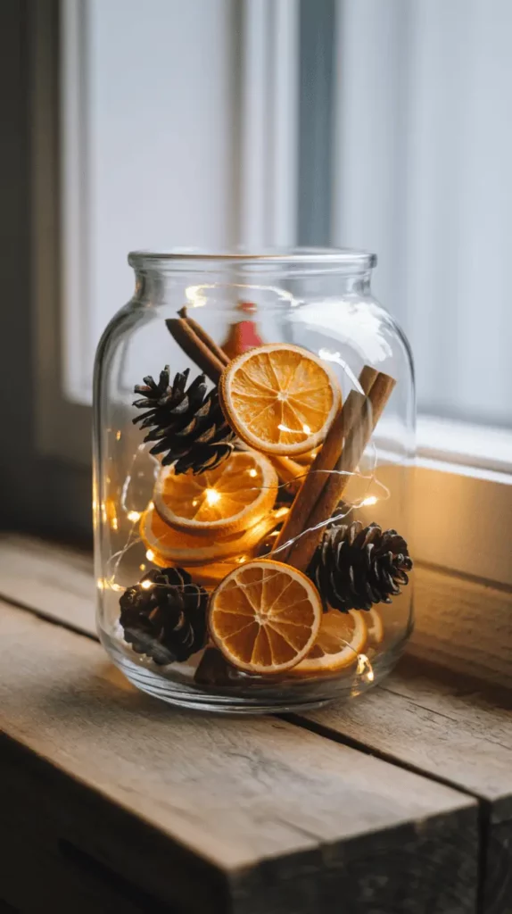 DIY prazničen božičen okras iz naravnih materialov posušenih prezin pomaranče storžev in cimetovih palčk v steklenem loncu