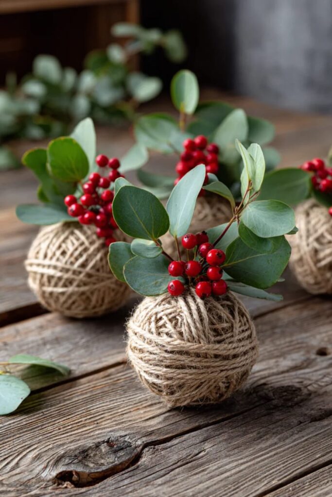 DIY prazničen božičen okras iz naravnih materialov vrv in evkaliptus
