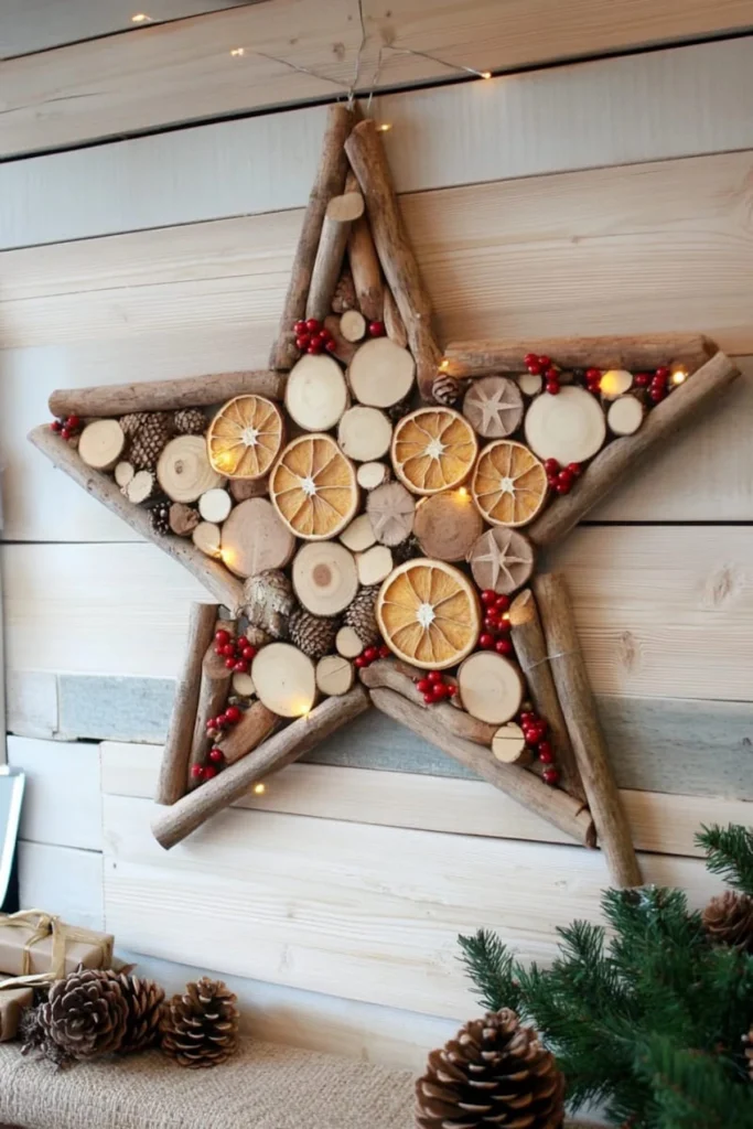 DIY prazničen božičen okras iz naravnih materialov zvezda iz lesa in sušene pomaranče 