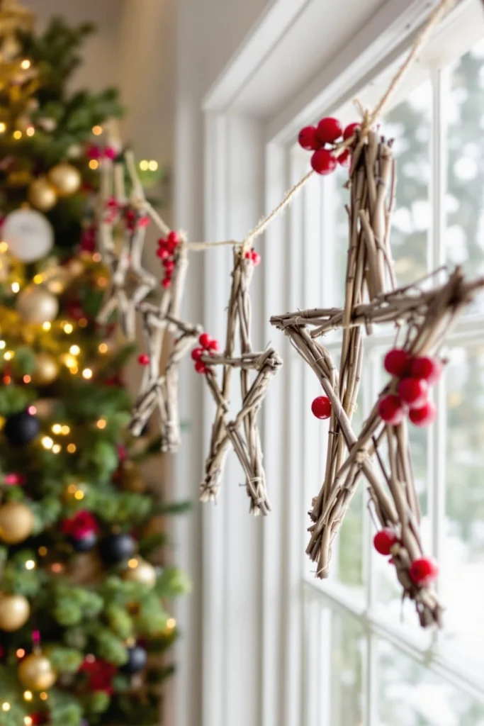 DIY prazničen božičen okras iz naravnih materialov zvezda iz lesenih palic 