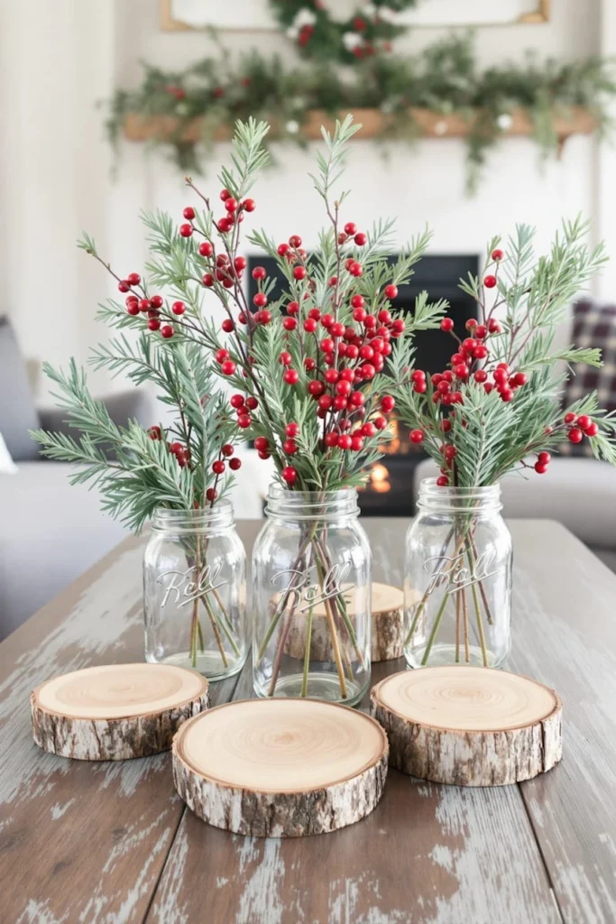 stekleni kozarci napolnjeni z božičnim prazničnim okrasjem