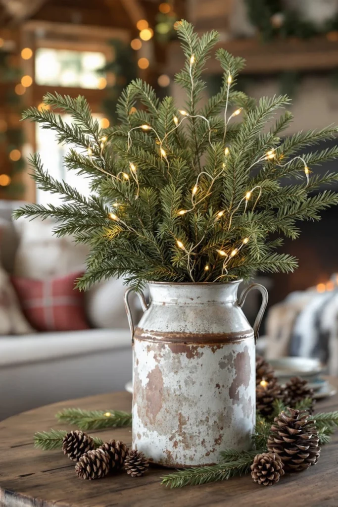 prazničen božičen okras iz naravnih materialov antična aluminijasta posoda za mleko kot vaza za smrečje