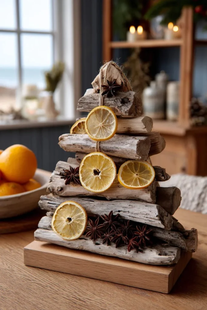 prazničen božičen okras iz naravnih materialov drevo iz naplavljenih palic