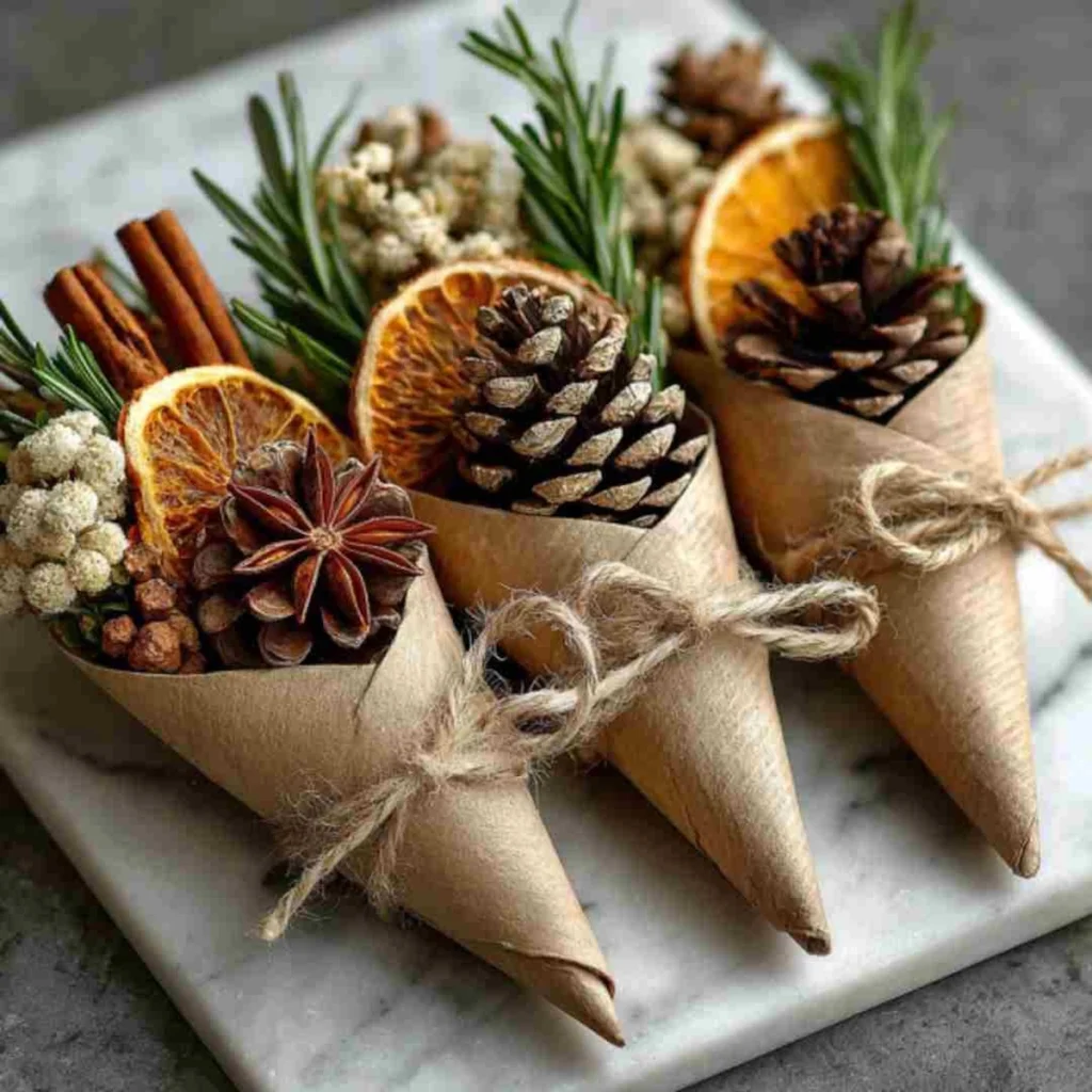 prazničen božičen okras iz naravnih materialov janeževa zvezda storži papir