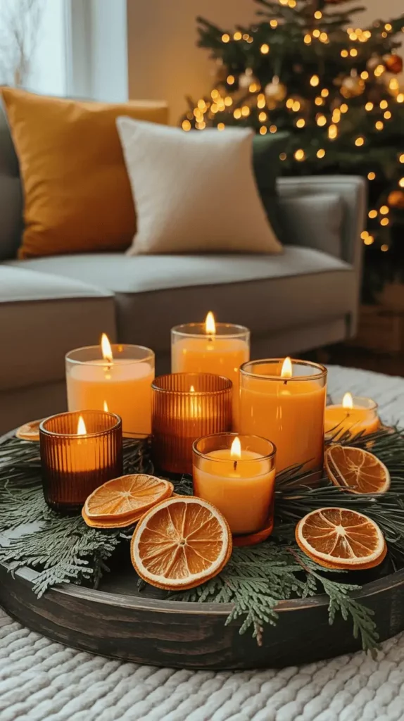 prazničen božičen okras iz naravnih materialov sveče in posušene rezine pomaranče