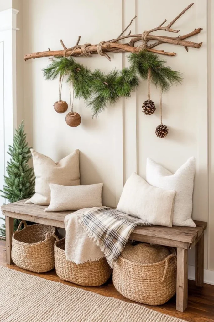 prazničen božičen okras iz naravnih materialov veja z okraski