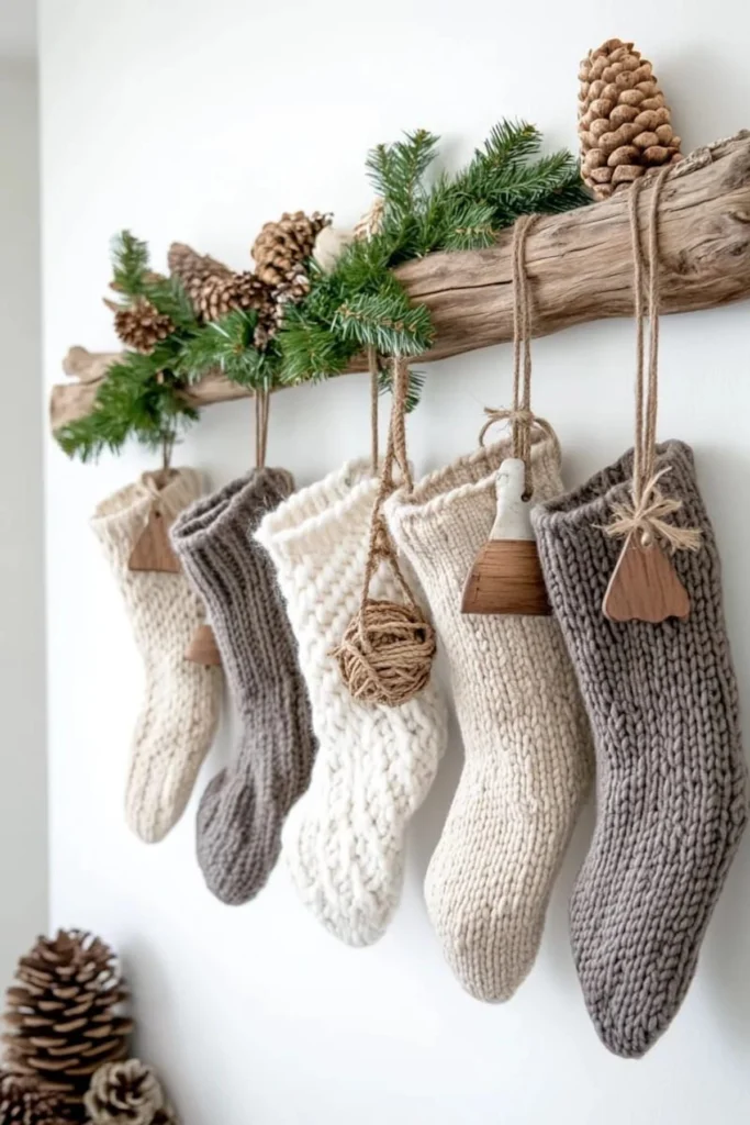 prazničen božičen okras iz naravnih materialov volnene nogavice za nad kamin