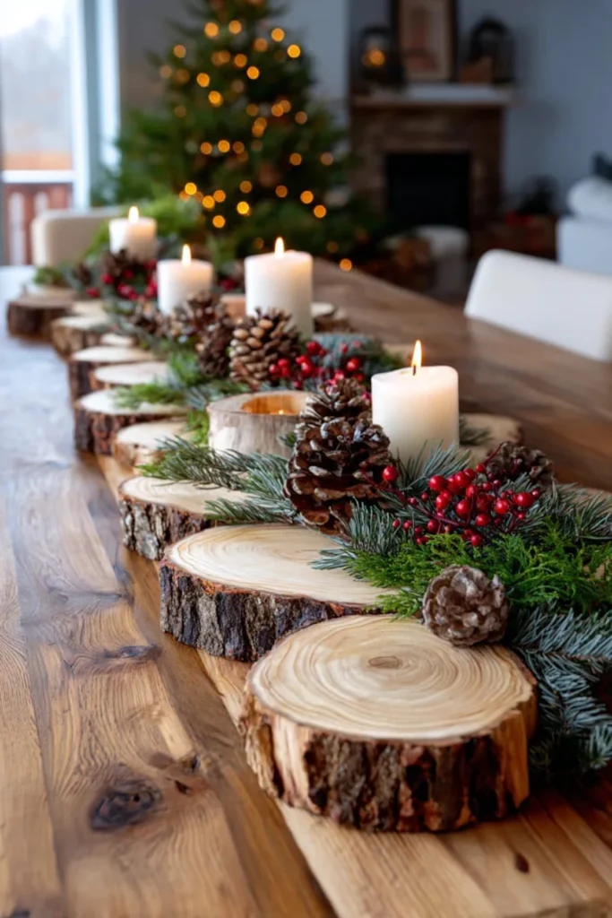 prazničen božičen okras iz naravnih materialov za na mizo leseni podstavki sveče