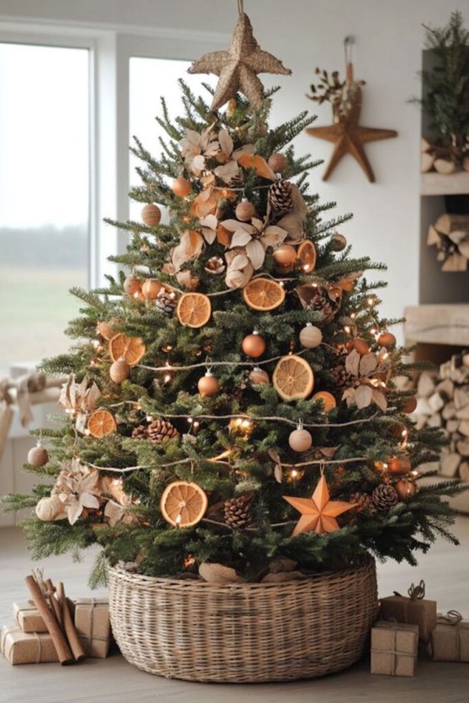 smreka okrašena z naravnimi materiali sušenimi pomarančnimi rezinami