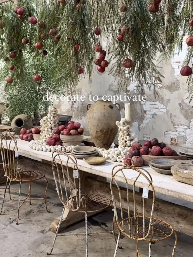 praznična okrasitev kamina z vejami in naravnimi materiali