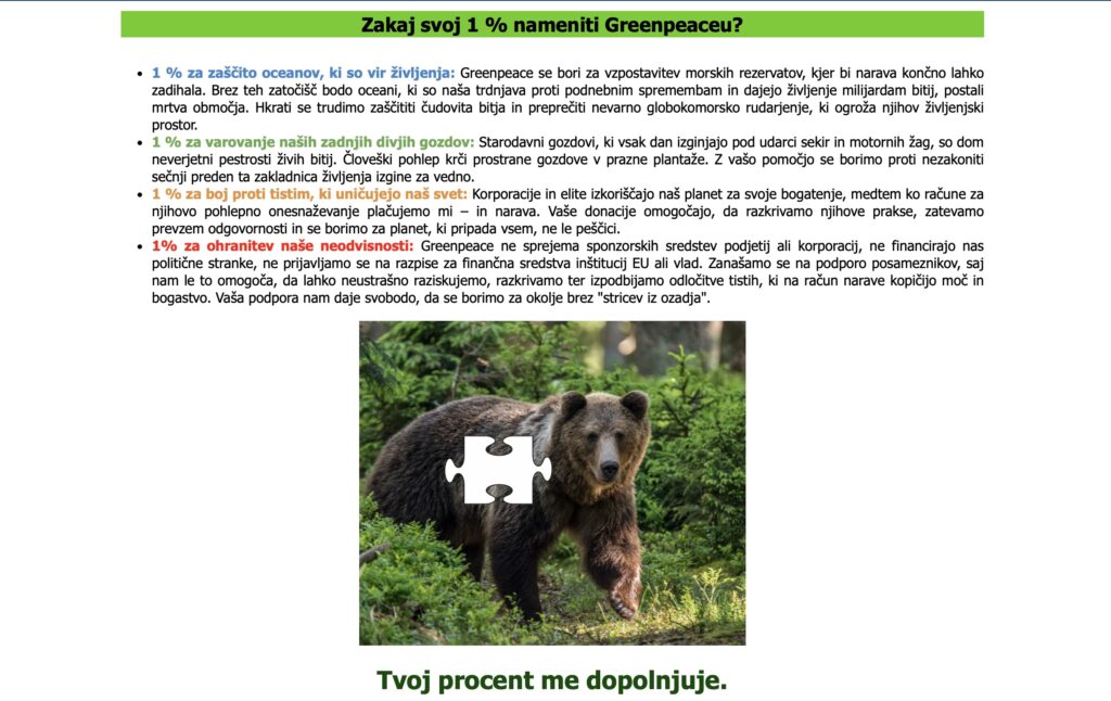 posnetek zaslona zakaj nameniti dogodnino greenpeacu slovenija
