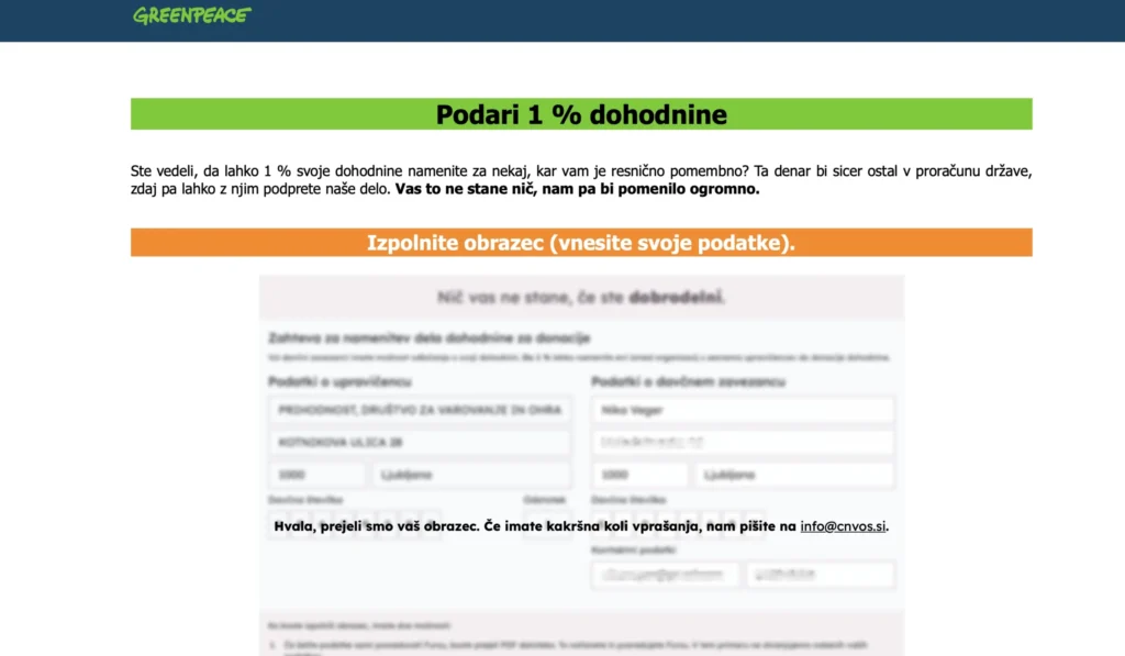 posnetek zaslona o nameni 1 % dohodnine greenpeace slovenija