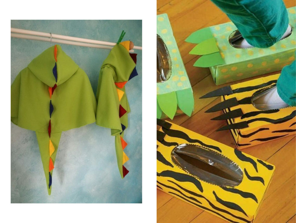 pustni kostum iz blaga naredi sam čevlji šape dinozaver za otroke