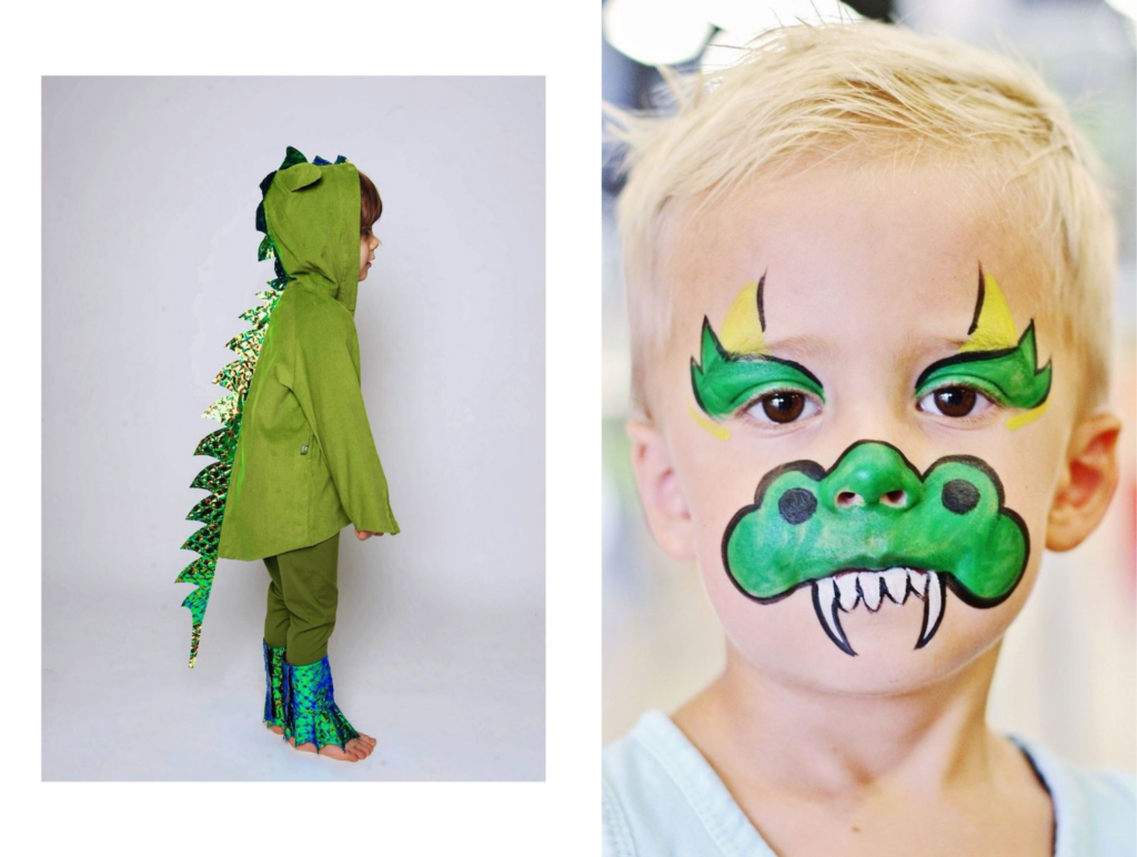 pustni kostum iz blaga naredi sam in poslikava obraza dinozaver za otroke