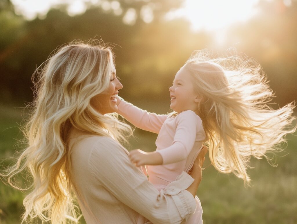 mama in hči z dolgimi lasmi na soncu