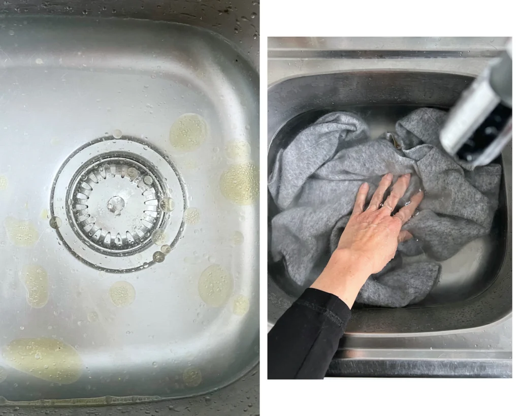 Postopek reševanja zapranega skrčenega volnenega puloverja z oljčnim oljem.