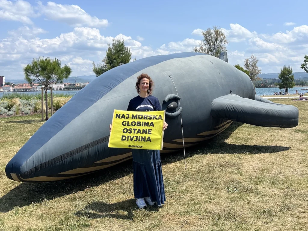 nika veger z greenpeace slovenija ob instalaciji kita ozavesca o posledicah globokomorskega rudarjenja