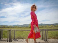 Second hand svilena obleka Ana Kosturova v oranžni in fuksija rožnati barvi